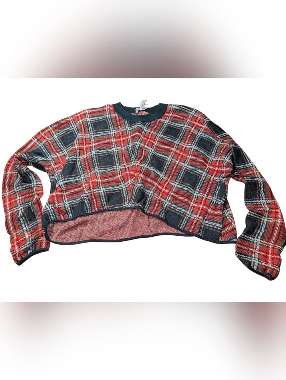 Red and Black Plaid Crop Crewneck Sweater